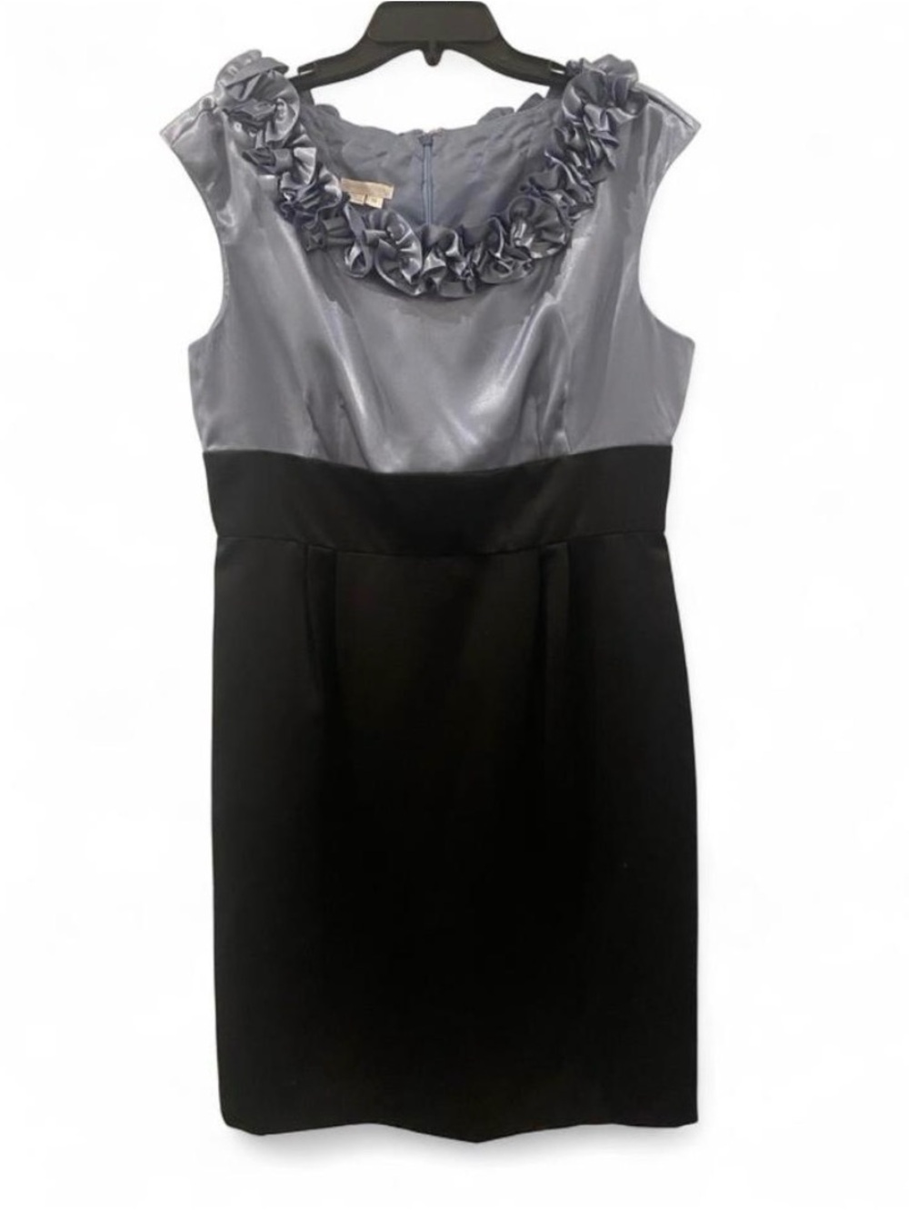 London Times Powder Blue and Black Vintage 90s Y2K Dress with Floral Neckline